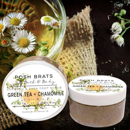 Experience a spa at home with our Green Tea Chamomile Cupuacu Shea Butter Foot Scrub. Say goodbye to rough feet!
